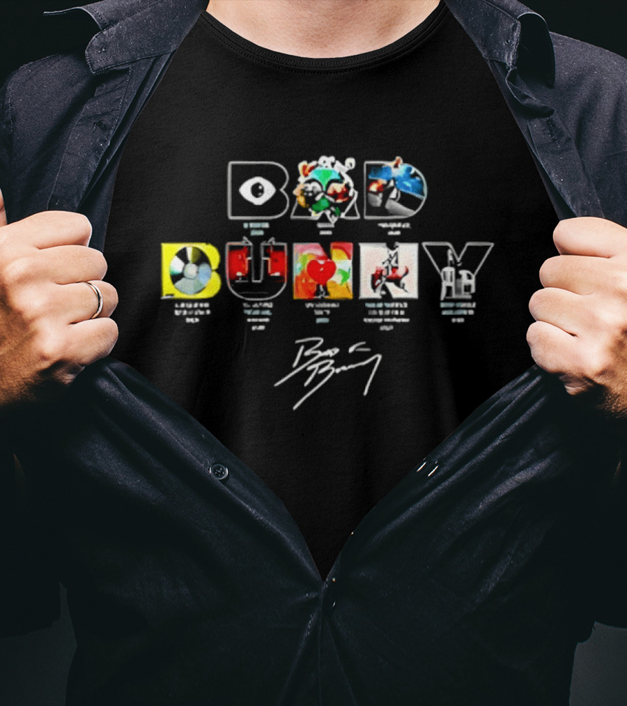 Bad Bunny World Tour 2026 Album Cover Colorful Block Letters T-Shirt