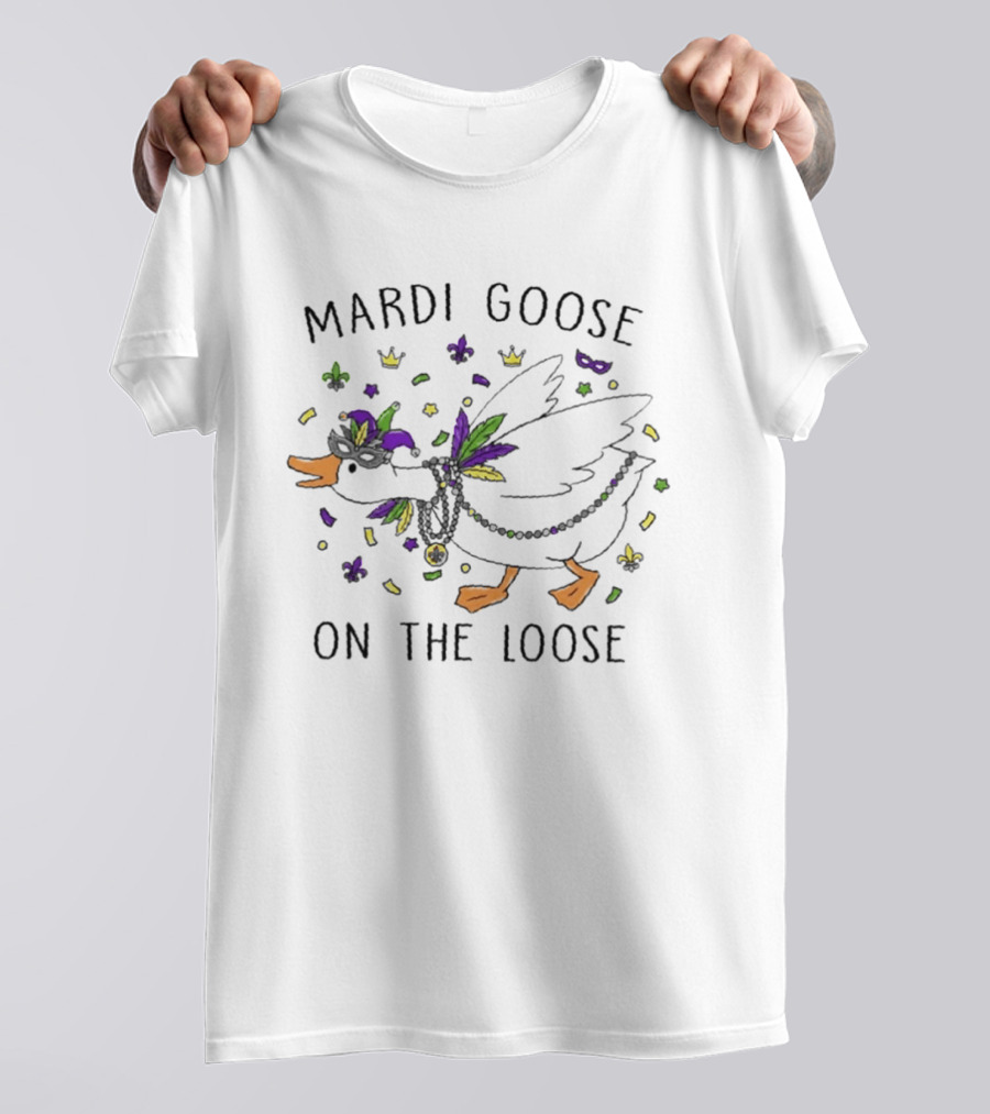 Mardi Goose On The Loose Festive Confetti Beads And Masks Party Celebration T-Shirt