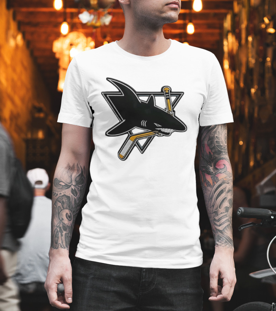 San Jose Sharks Biting Hockey Stick Triangle Sports T-Shirt