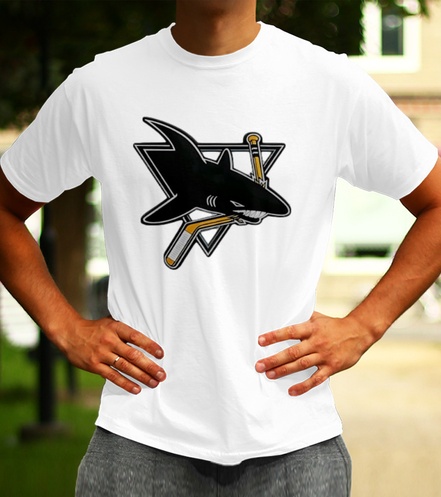 San Jose Sharks Biting Hockey Stick Triangle Sports T-Shirt