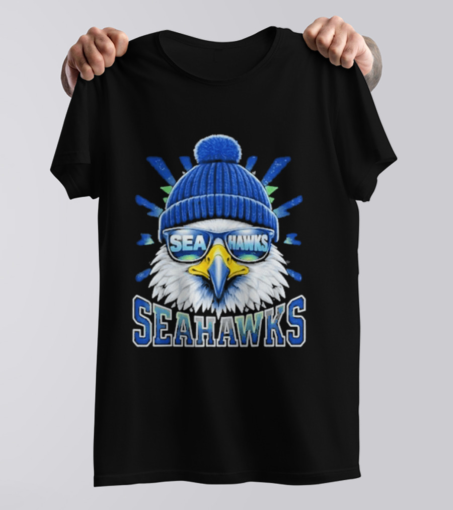 Seahawks Eagle Face With Sunglasses And Winter Hat T-Shirt