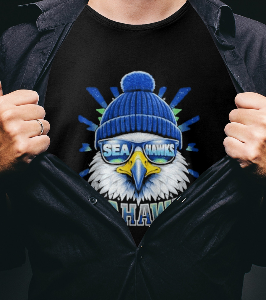 Seahawks Eagle Face With Sunglasses And Winter Hat T-Shirt