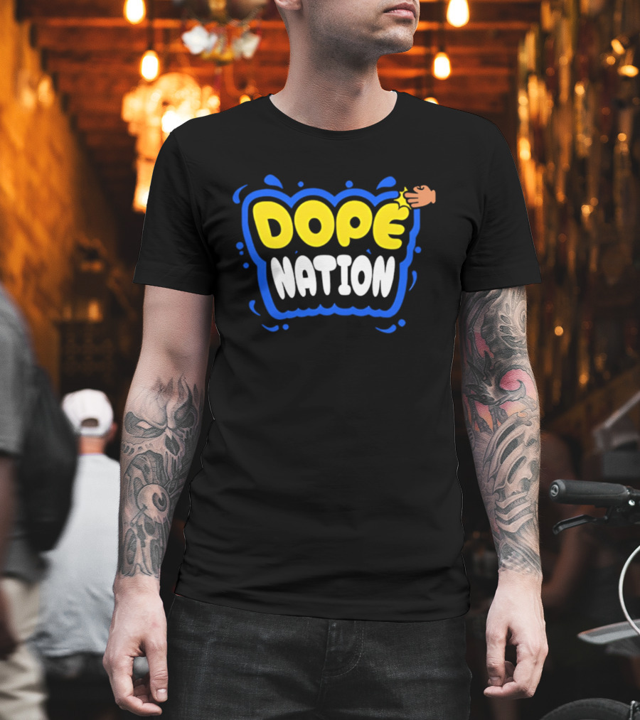 Dope Nation Bubble Letters With Yellow Hand And Blue T-Shirt
