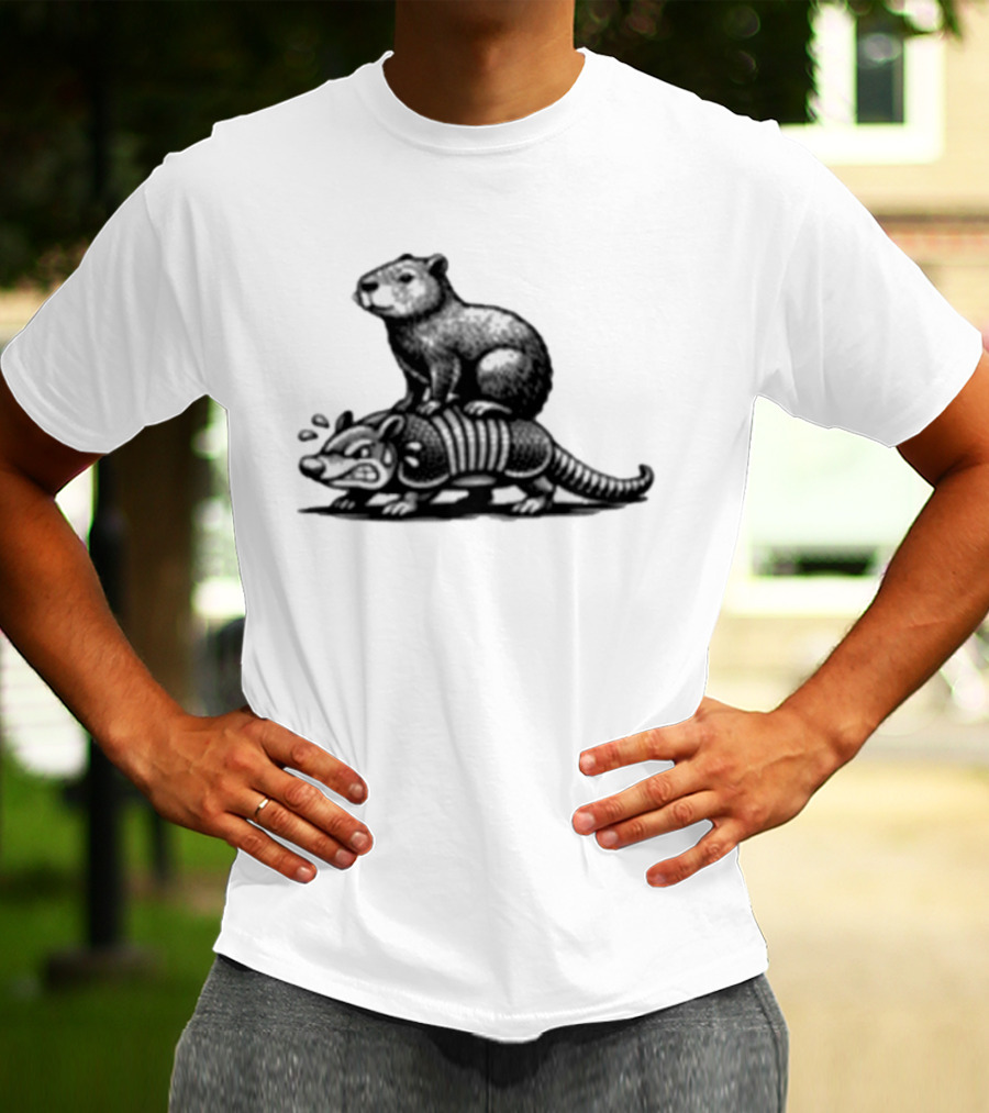 Capybara Riding Armadillo Black And White Illustration Adventure T-Shirt