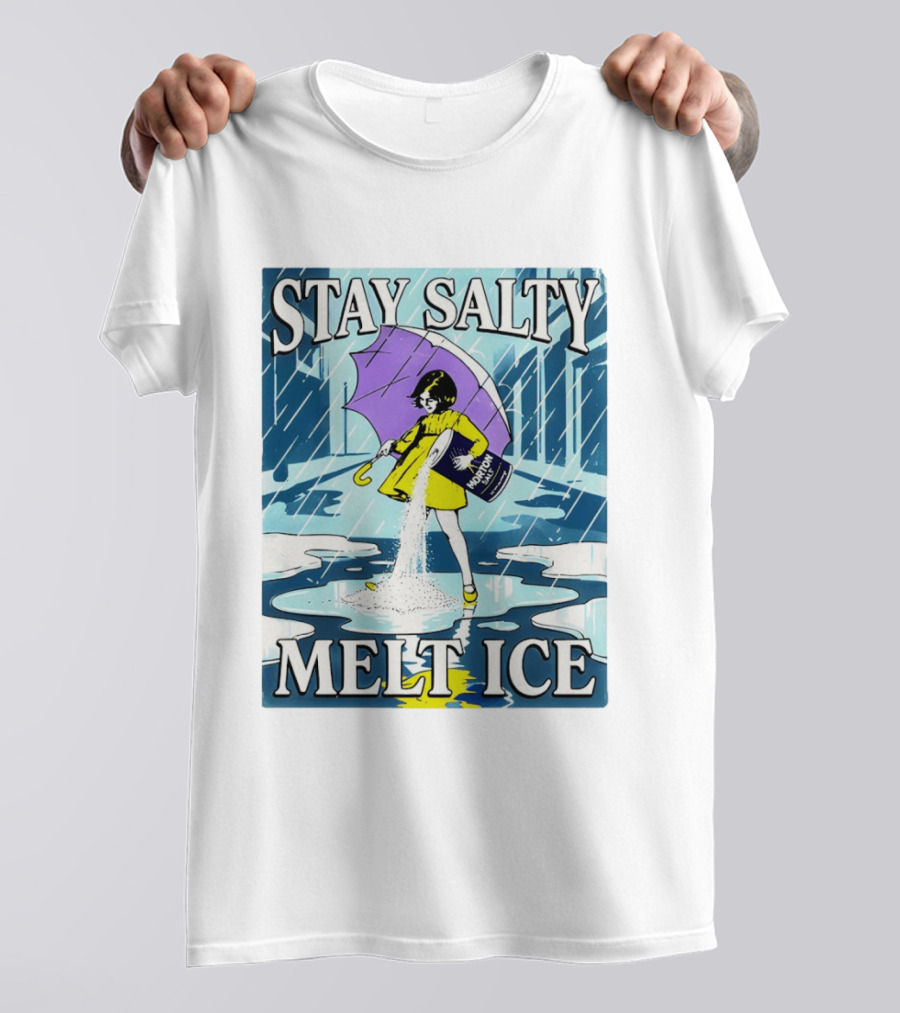Morton Salt Stay Salty Melt ICE Umbrella Girl Retro Rain Scene T-Shirt