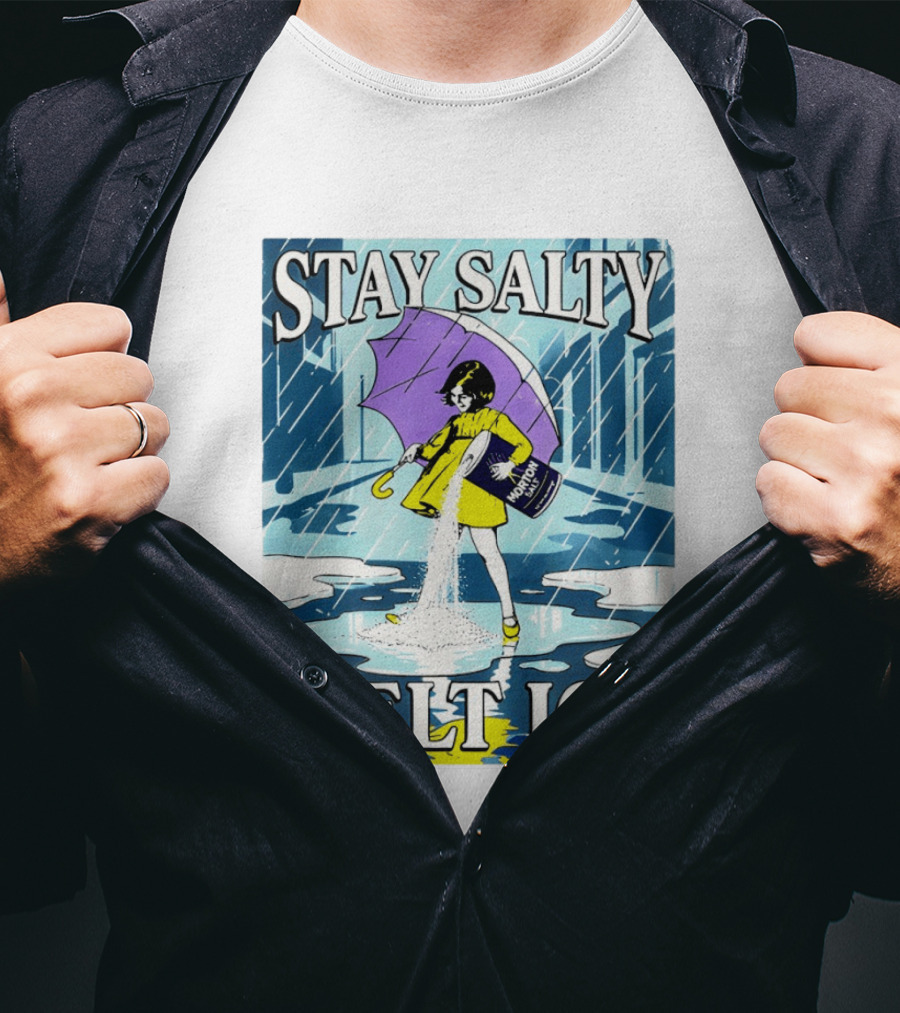 Morton Salt Stay Salty Melt ICE Umbrella Girl Retro Rain Scene T-Shirt
