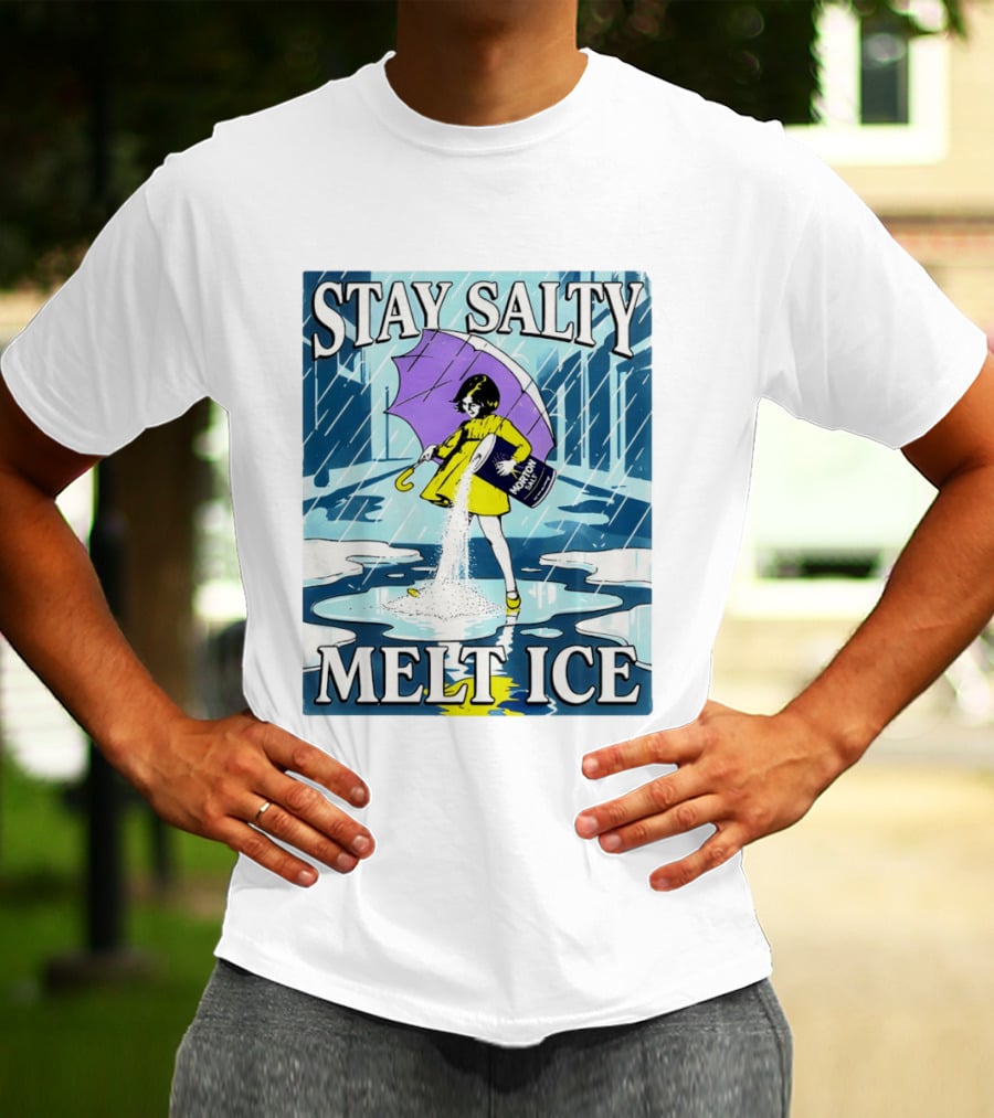 Morton Salt Stay Salty Melt ICE Umbrella Girl Retro Rain Scene T-Shirt