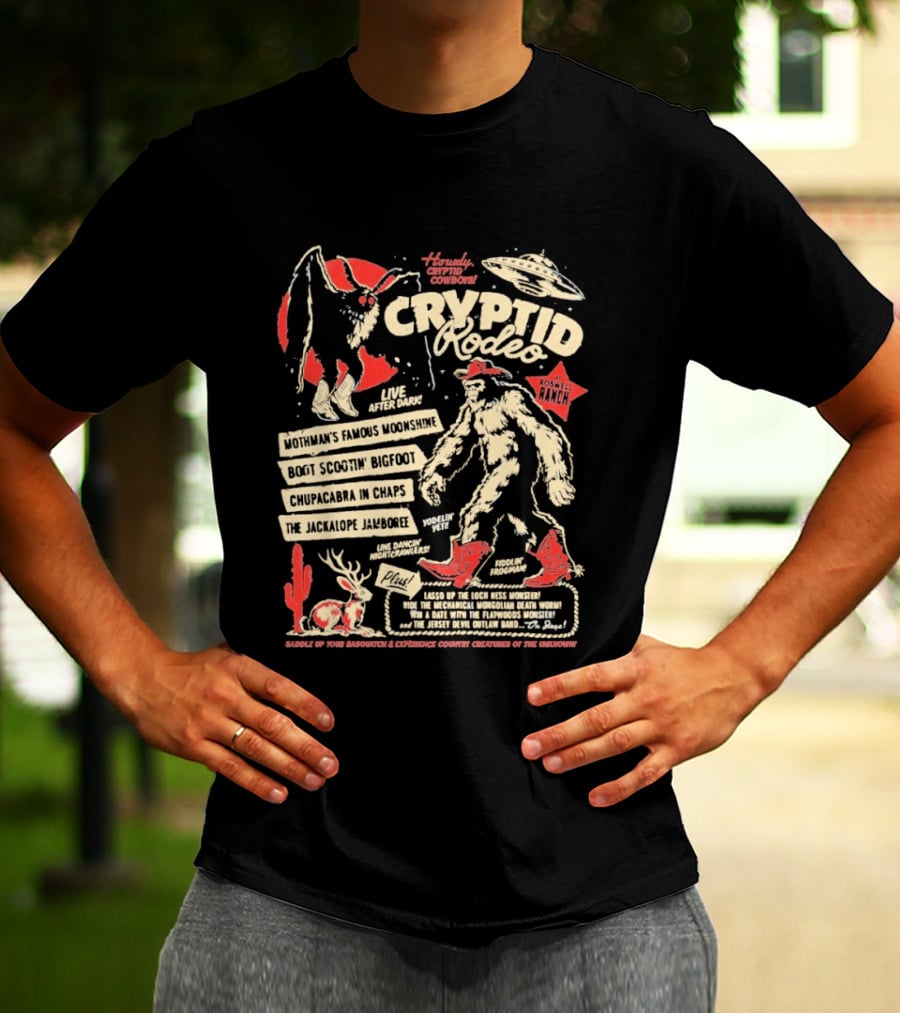 Howdy Cryptid Rodeo Yeti Sasquatch UFO Cactus Jackalope Chupacabra T-Shirt