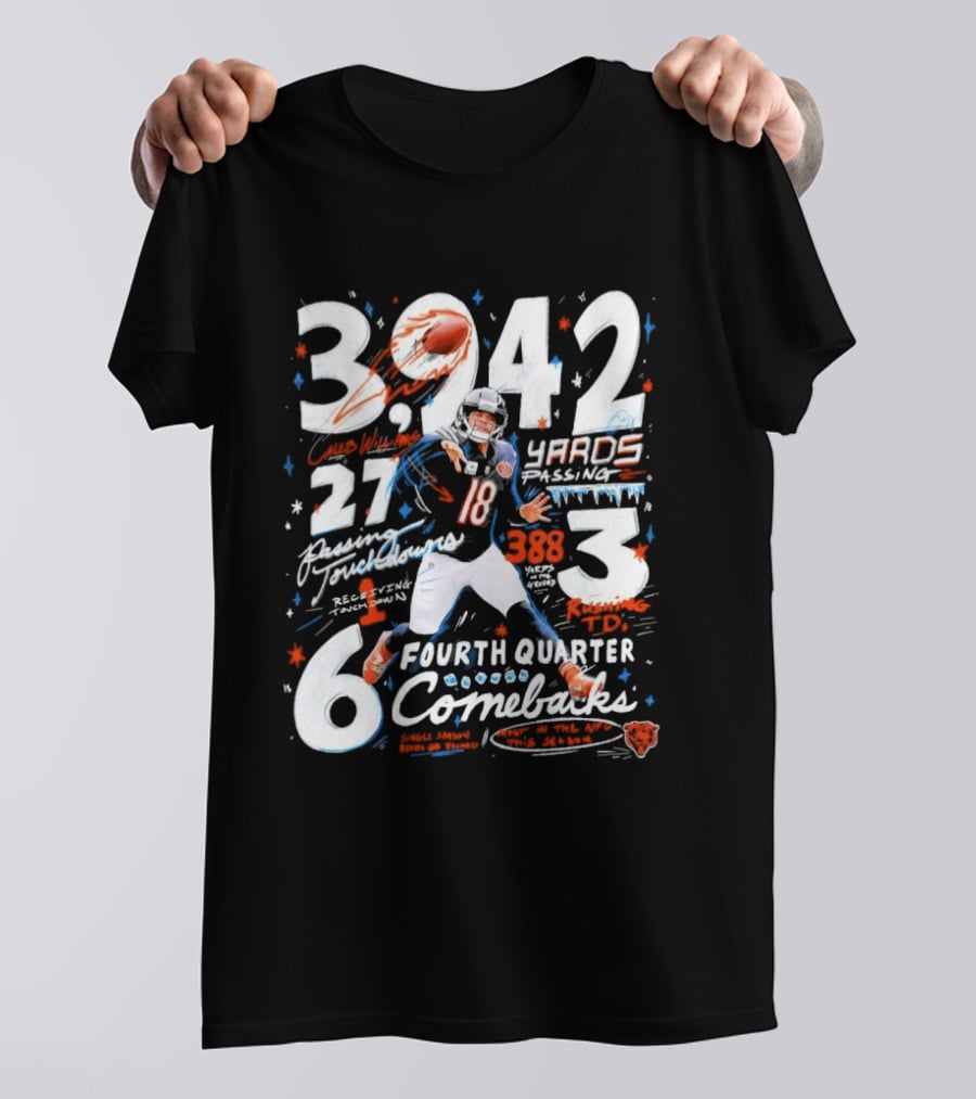 Caleb Williams Chicago Bears 2026 3,242 Yards Passing 27 Touchdowns 6 Fourth Quarter Comebacks 3 Wins T-Shirt