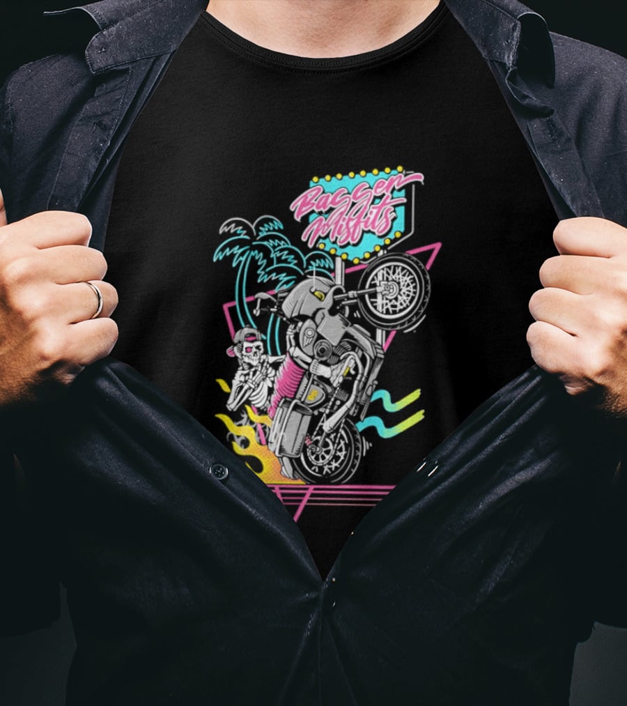 Bagger Misfits Skeleton Motorcycle Wheelie Neon 80s Palm Trees T-Shirt
