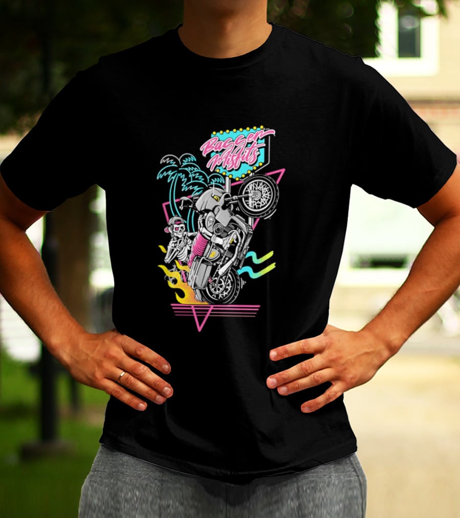Bagger Misfits Skeleton Motorcycle Wheelie Neon 80s Palm Trees T-Shirt