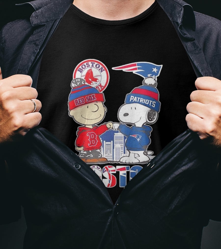 Boston Red Sox And New England Patriots Charlie Brown Snoopy Skyline T-Shirt