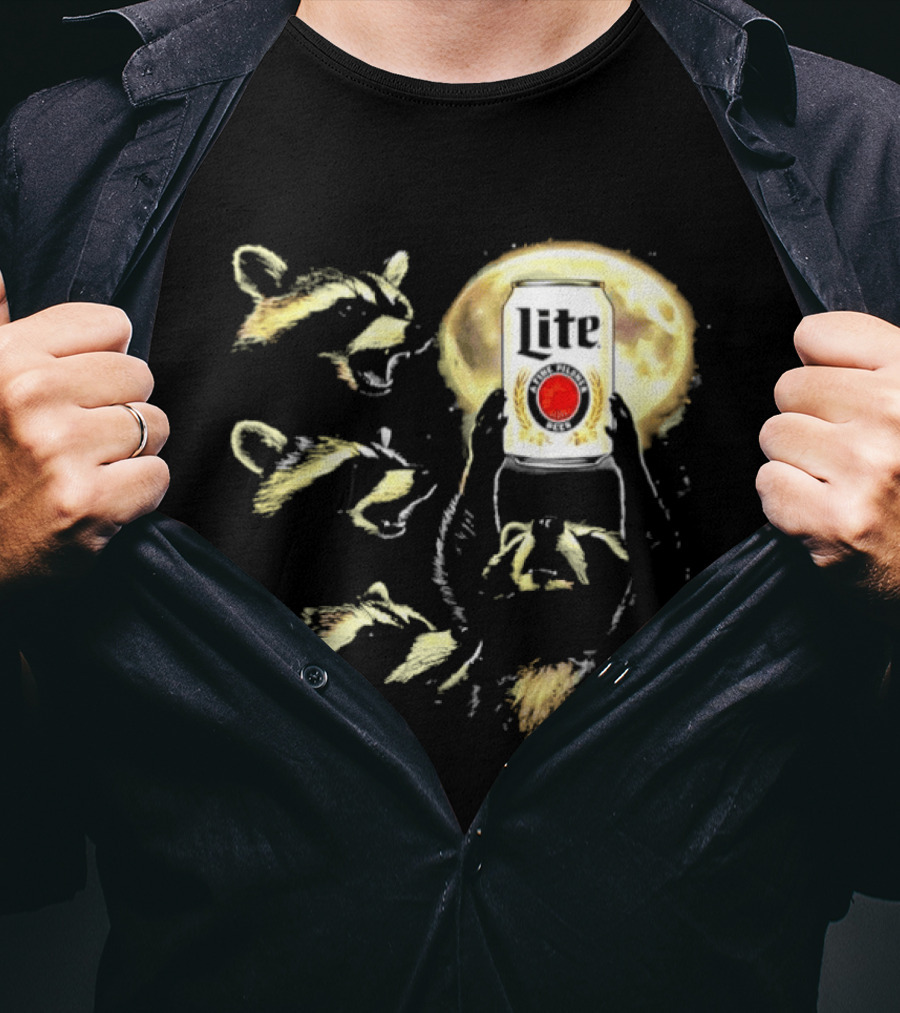 Four Raccoons Howling At Moon With Miller Lite Can T-Shirt