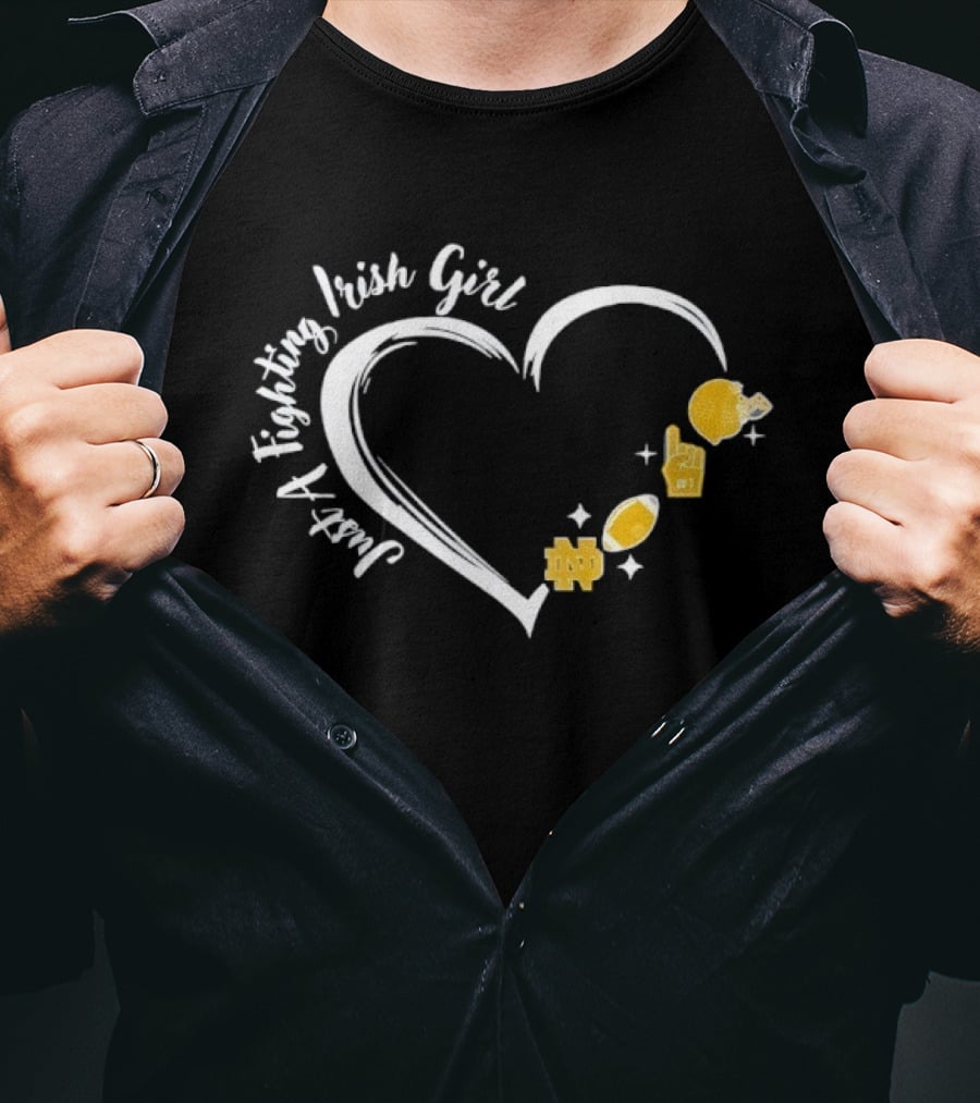 Just A Notre Dame Fighting Irish Girl Heart With Football Icons And Gold Accents T-Shirt