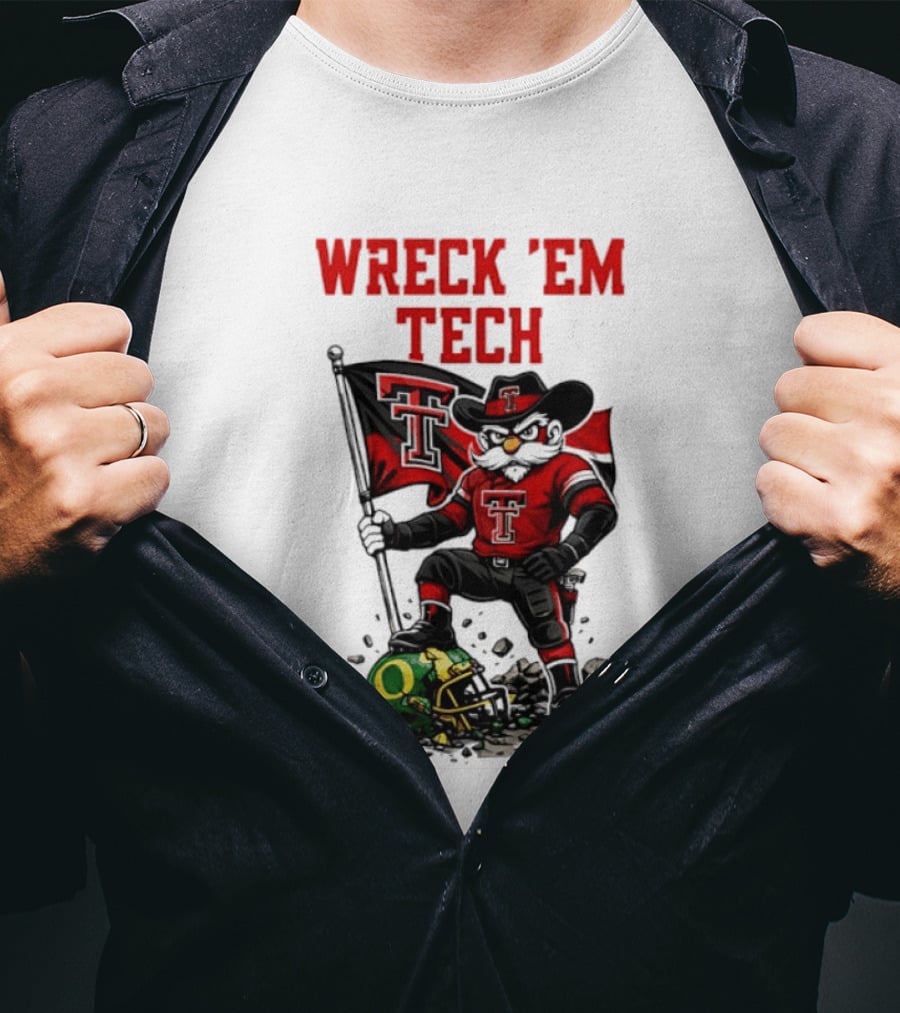 Wreck 'Em Tech Texas Tech Red Raiders Raider Red Flag And Helmet T-Shirt