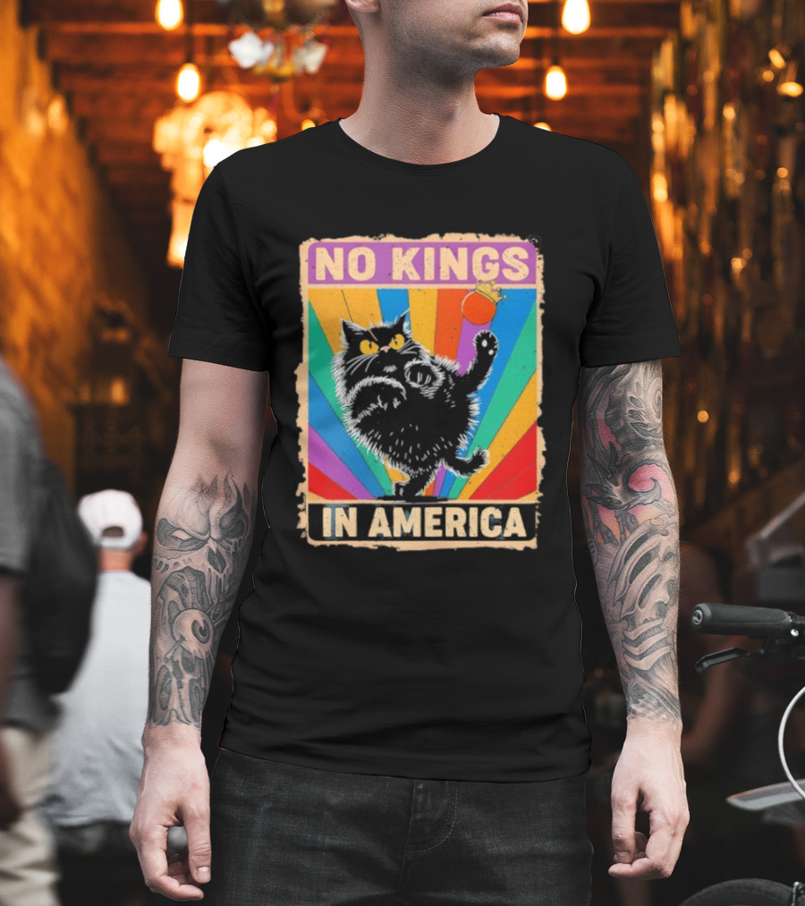 No Kings In America Black Cat Anti Trump Rainbow Kingslayer T-Shirt