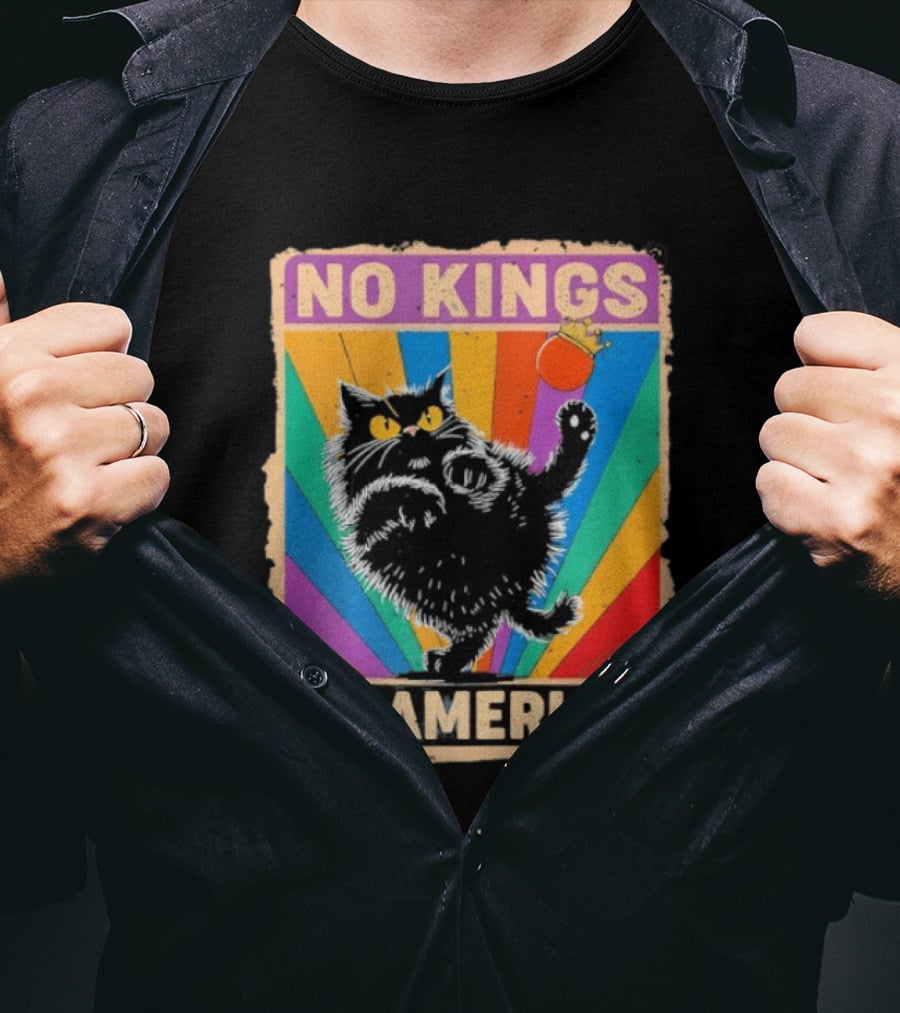 No Kings In America Black Cat Anti Trump Rainbow Kingslayer T-Shirt