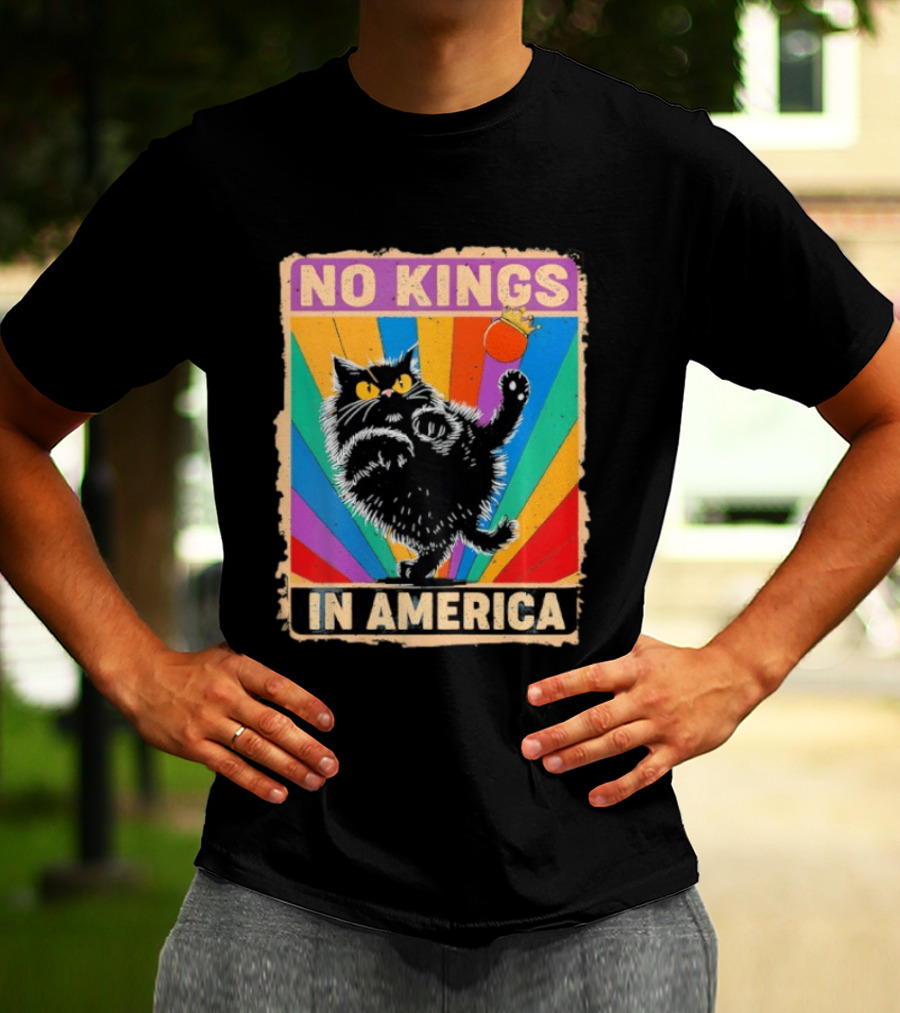 No Kings In America Black Cat Anti Trump Rainbow Kingslayer T-Shirt