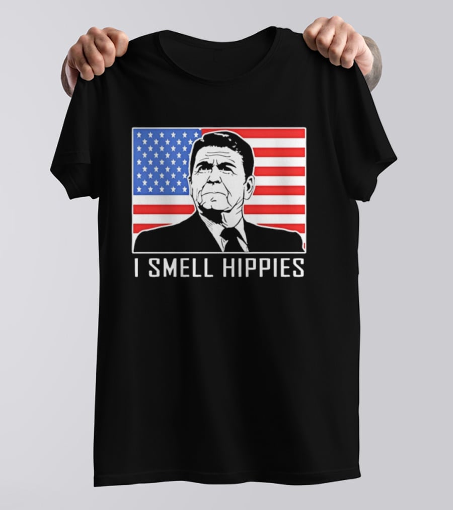 I Smell Hippies Ronald Reagan American Flag Stars And Stripes T-Shirt