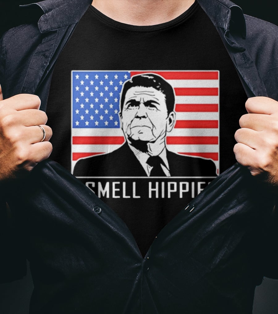 I Smell Hippies Ronald Reagan American Flag Stars And Stripes T-Shirt