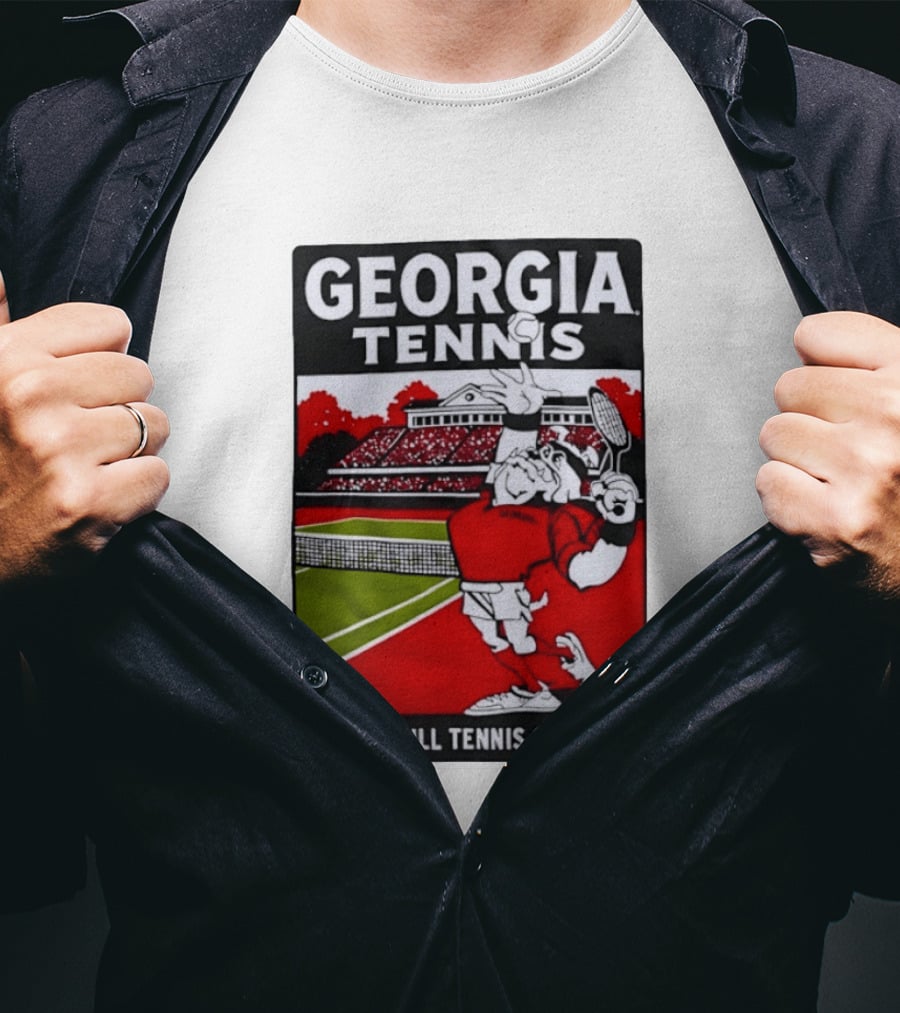 Georgia Tennis Dan Magill Tennis Complex Cartoon Character Court Scene T-Shirt