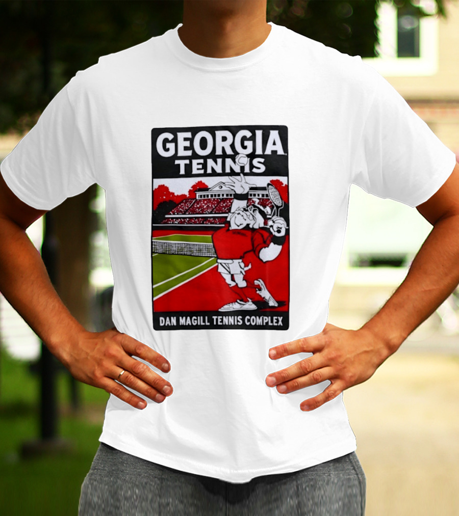 Georgia Tennis Dan Magill Tennis Complex Cartoon Character Court Scene T-Shirt