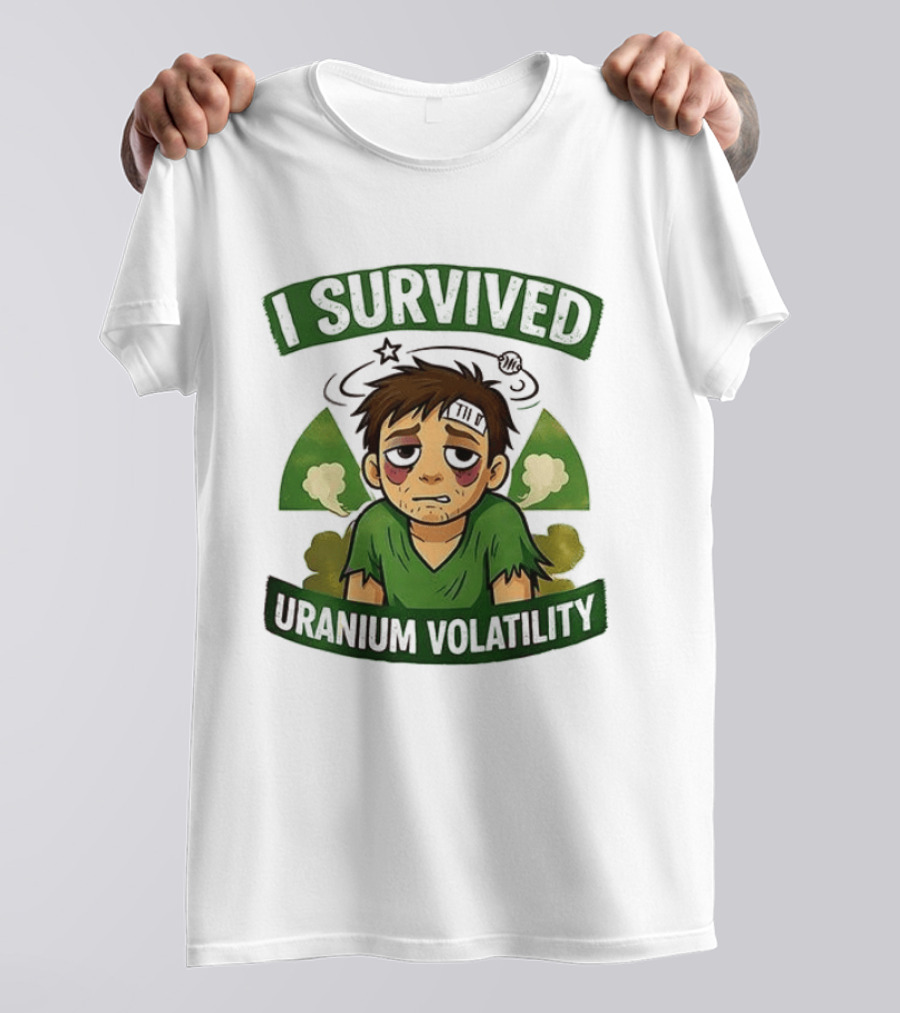 I Survived Uranium Volatility Exhausted Cartoon Character Wearing Torn Green T-Shirt