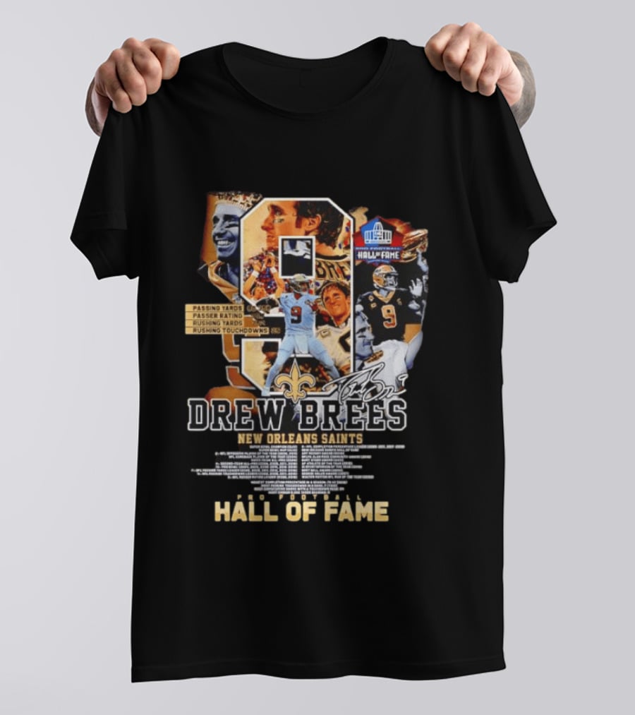 Drew Brees New Orleans Saints Hall Of Fame Passing Yards Touchdowns Memories T-Shirt