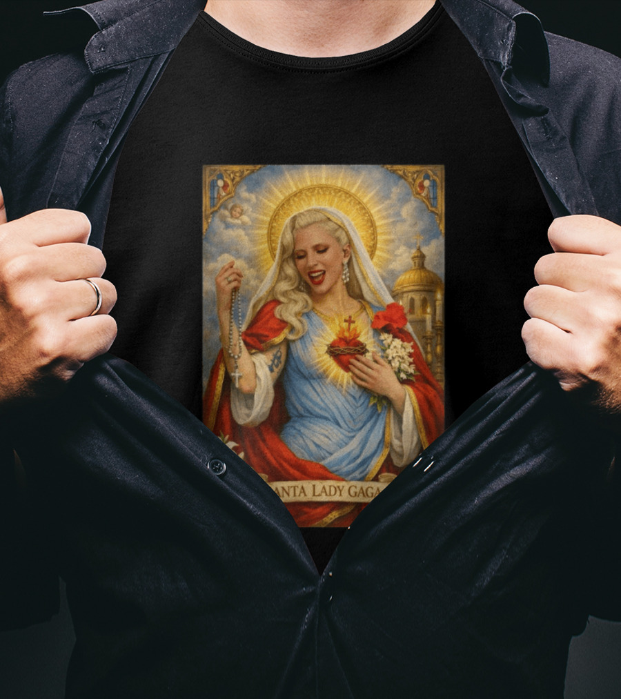 Santa Lady Gaga Sacred Heart Imagery With Rosary And Golden Halo T-Shirt