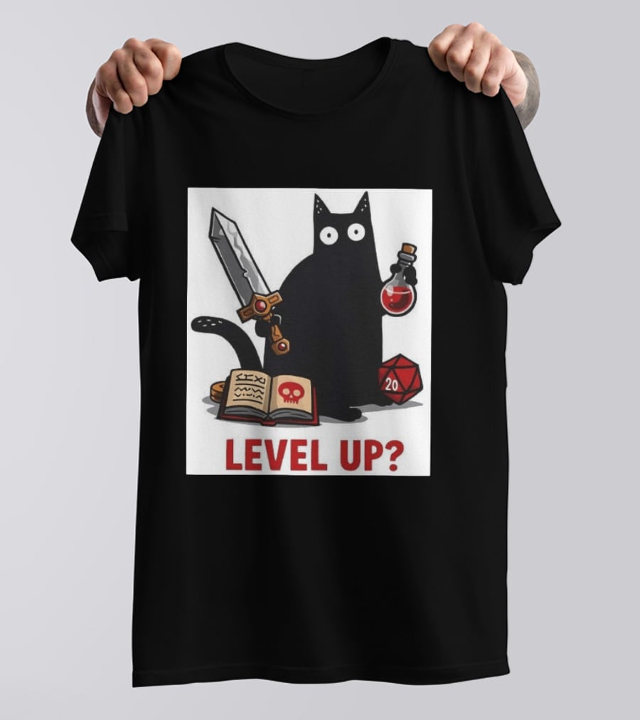 Black Cat Level Up Sword Potion D20 Dice Book Dungeons And Dragons T-Shirt