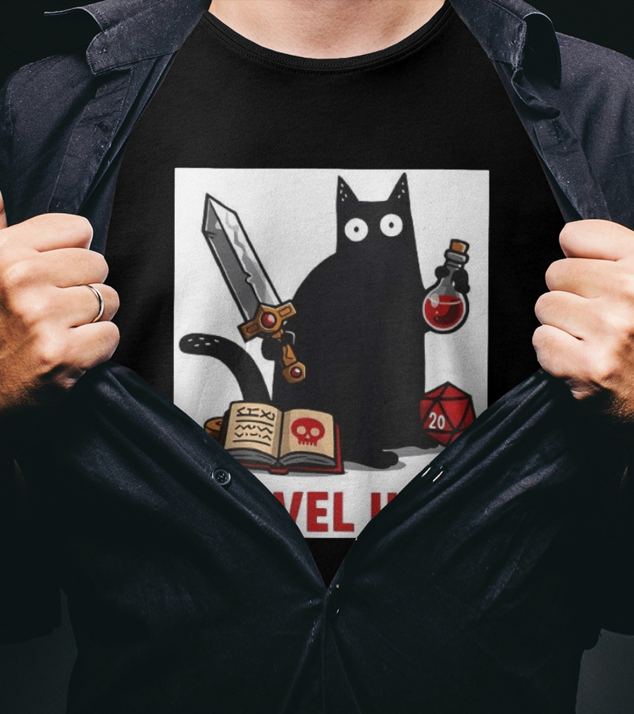 Black Cat Level Up Sword Potion D20 Dice Book Dungeons And Dragons T-Shirt