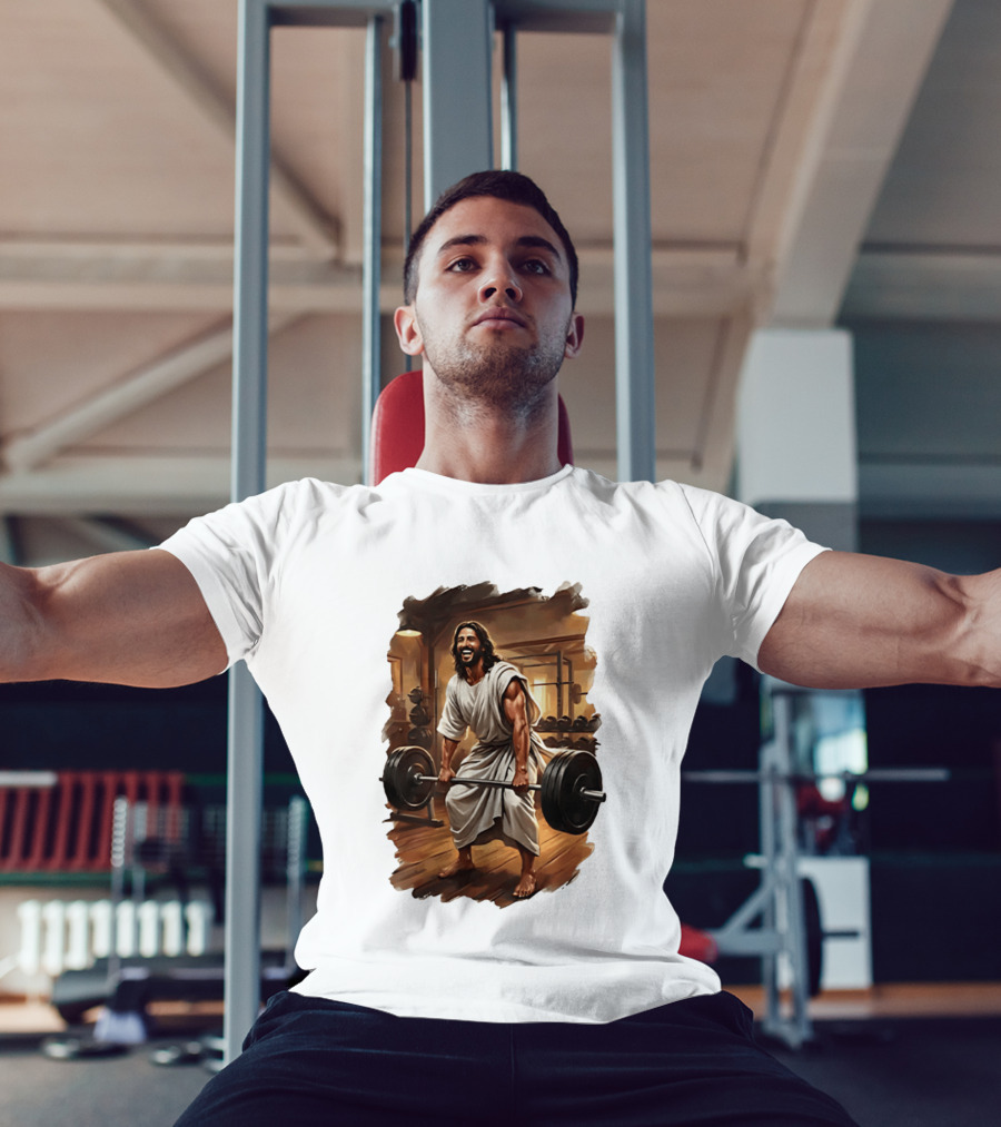 Jesus Lifting Weights In Gym Spiritual Fitness Motivation T-Shirt
