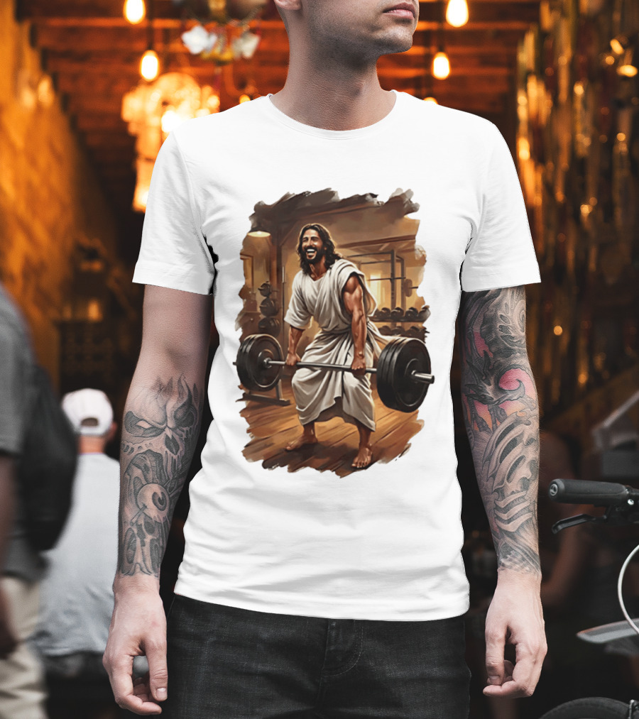 Jesus Lifting Weights In Gym Spiritual Fitness Motivation T-Shirt