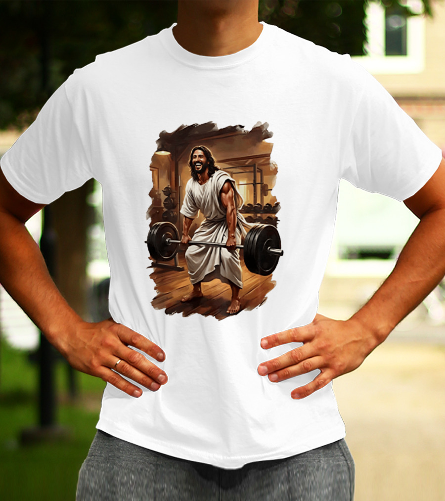 Jesus Lifting Weights In Gym Spiritual Fitness Motivation T-Shirt