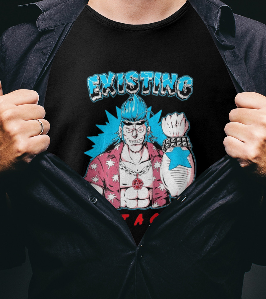 EXISTING IS NOT A CRIME Anime Punk Character Blue Hair Star Tattoo T-Shirt