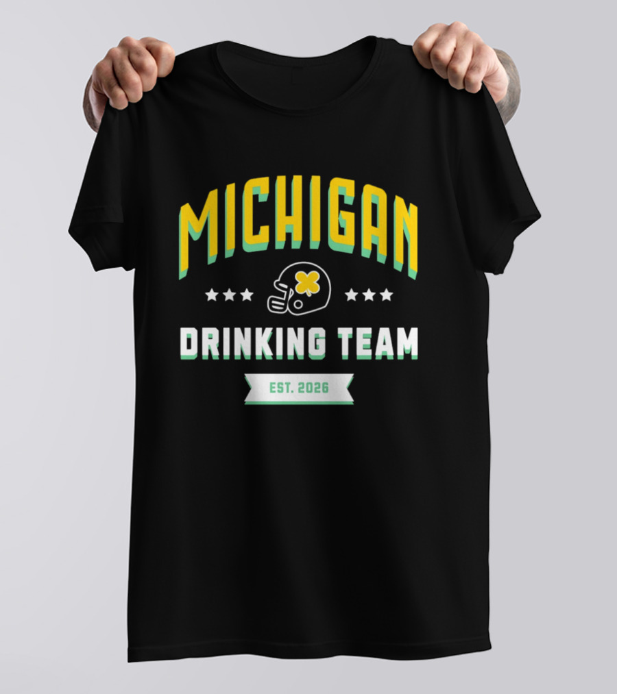 Michigan Wolverines Drinking Team St Patrick's Day Est 2026 Football Helmet Four Leaf Clover T-Shirt