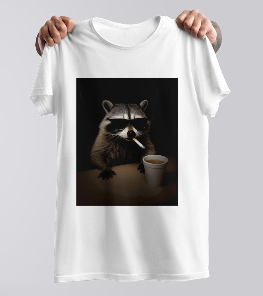 Raccoon Drinking Coffee Smoking Cigarette Wearing Sunglasses T-Shirt