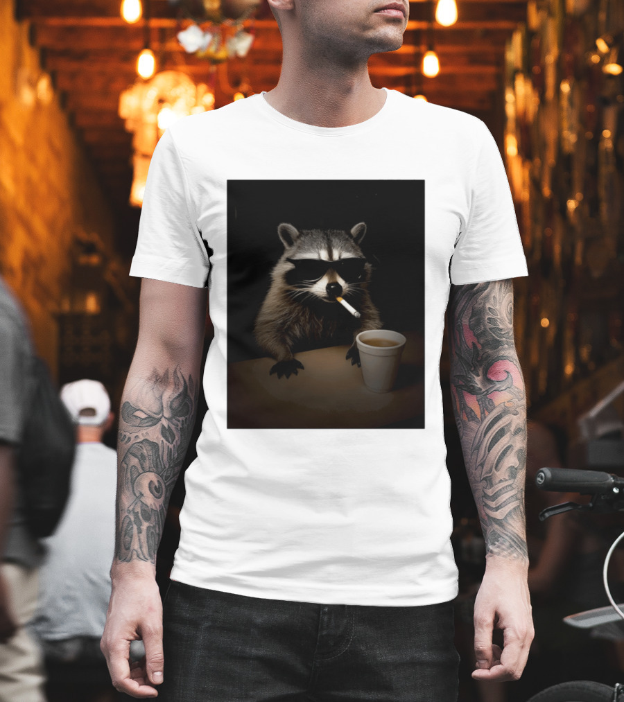 Raccoon Drinking Coffee Smoking Cigarette Wearing Sunglasses T-Shirt