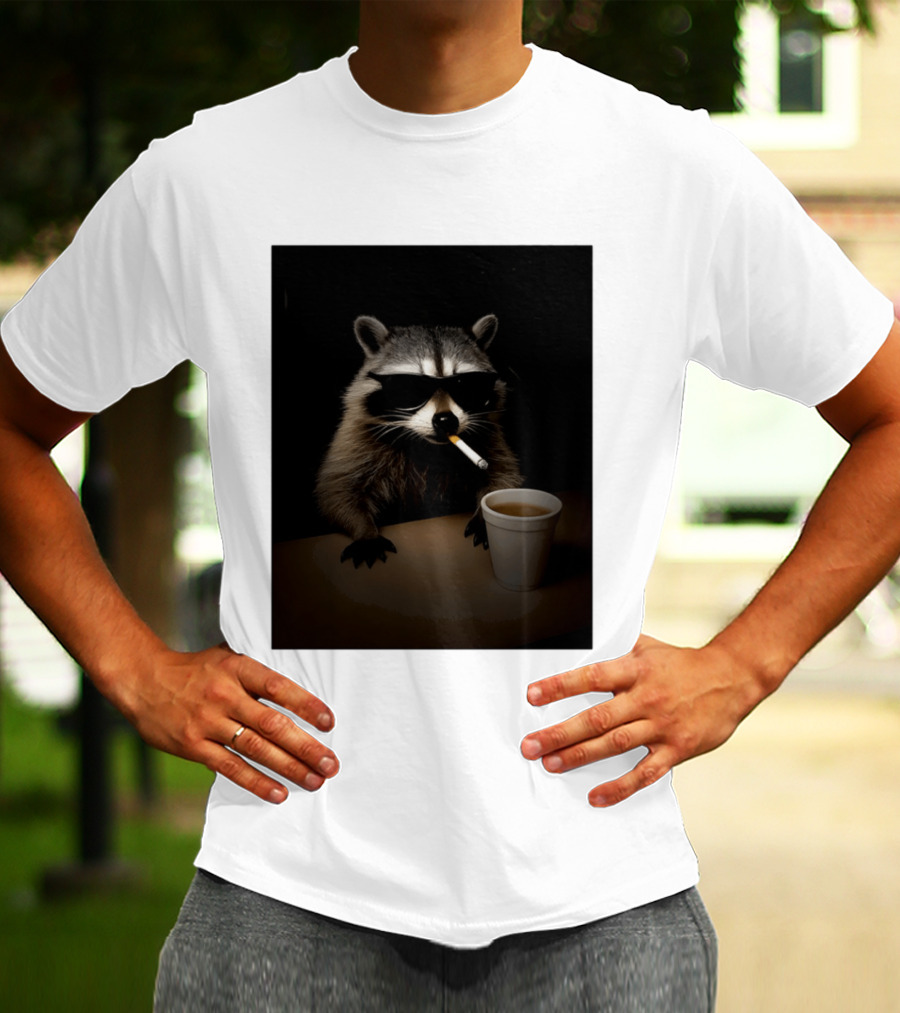 Raccoon Drinking Coffee Smoking Cigarette Wearing Sunglasses T-Shirt