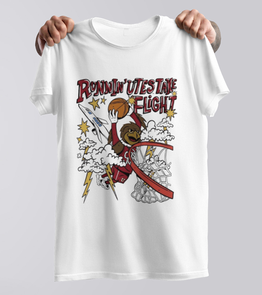Runnin' Utes Take Flight Basketball Mascot Dunking With Clouds Lightning And Jet T-Shirt