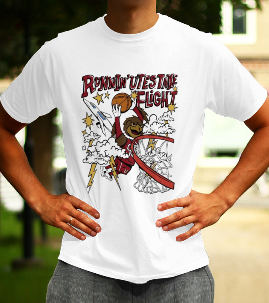 Runnin' Utes Take Flight Basketball Mascot Dunking With Clouds Lightning And Jet T-Shirt
