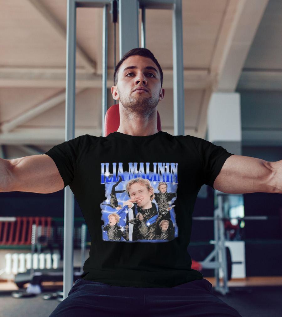 Ilia Malinin Figure Skating Star Blue Sparkle Montage T-Shirt