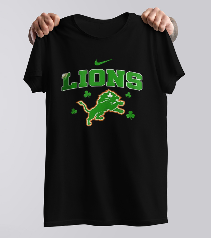 Detroit Lions Irish Theme With Green Shamrocks And Nike T-Shirt