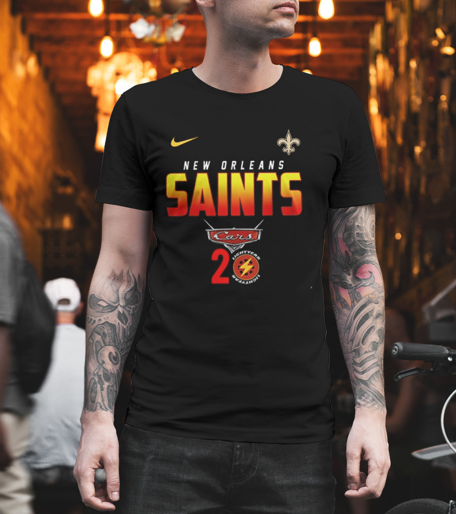 New Orleans Saints Cars 20th Anniversary Nike Fleur De Lis Lightning Bolt T-Shirt