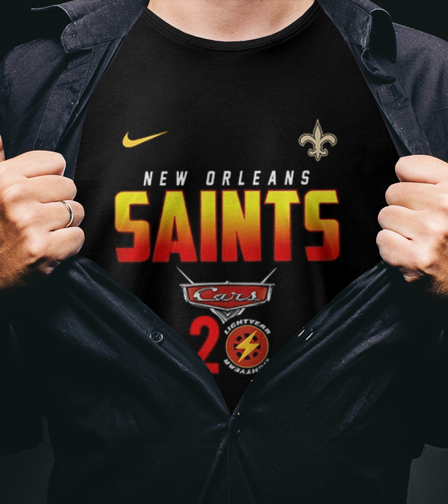 New Orleans Saints Cars 20th Anniversary Nike Fleur De Lis Lightning Bolt T-Shirt