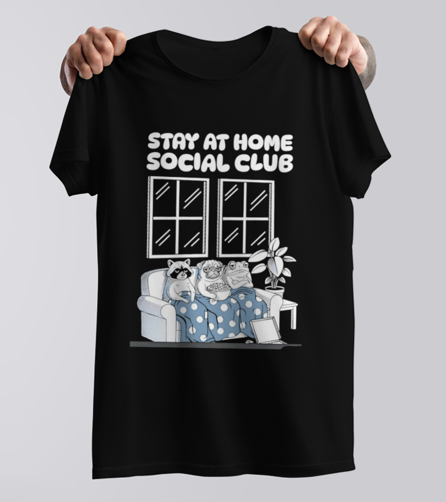 Stay At Home Social Club Raccoon Pug Frog Sofa Window Plant Scene T-Shirt