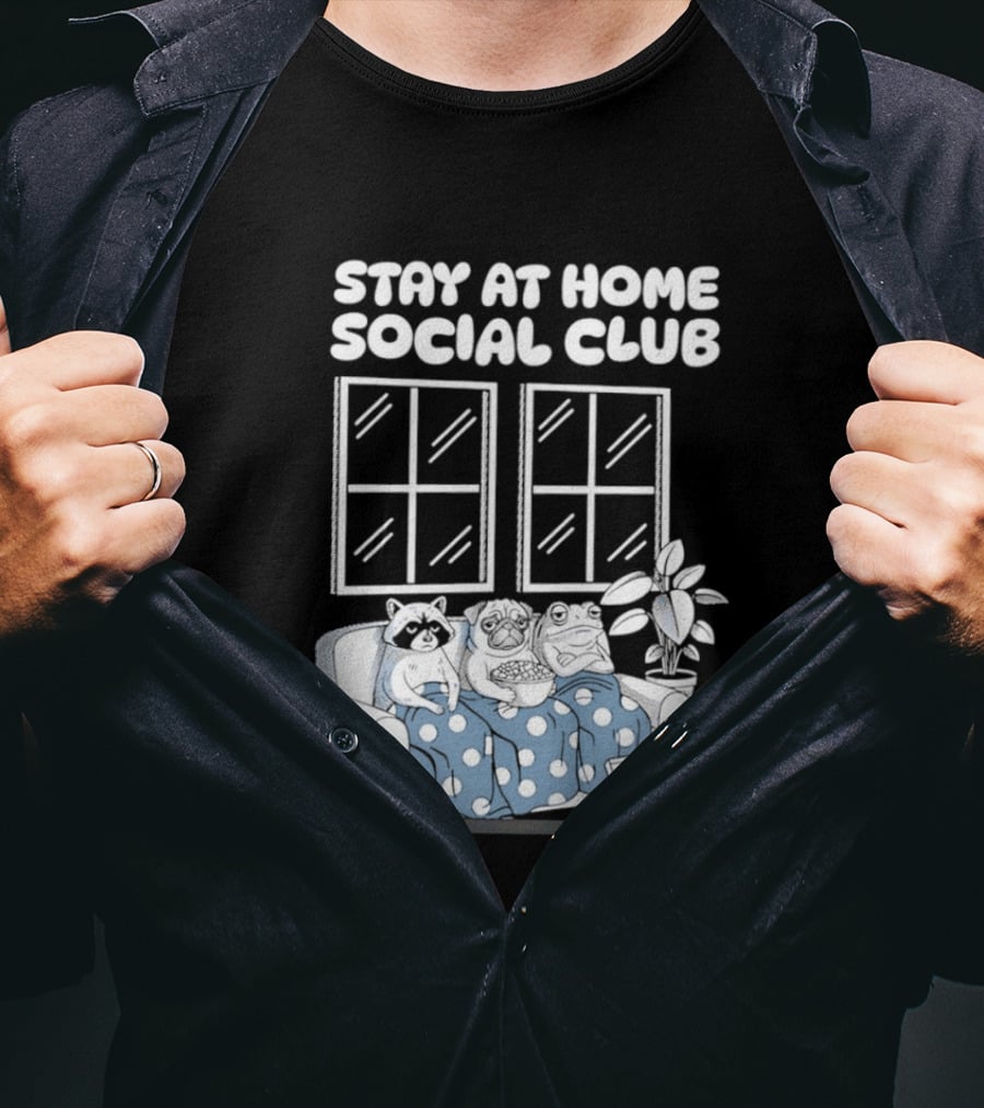 Stay At Home Social Club Raccoon Pug Frog Sofa Window Plant Scene T-Shirt