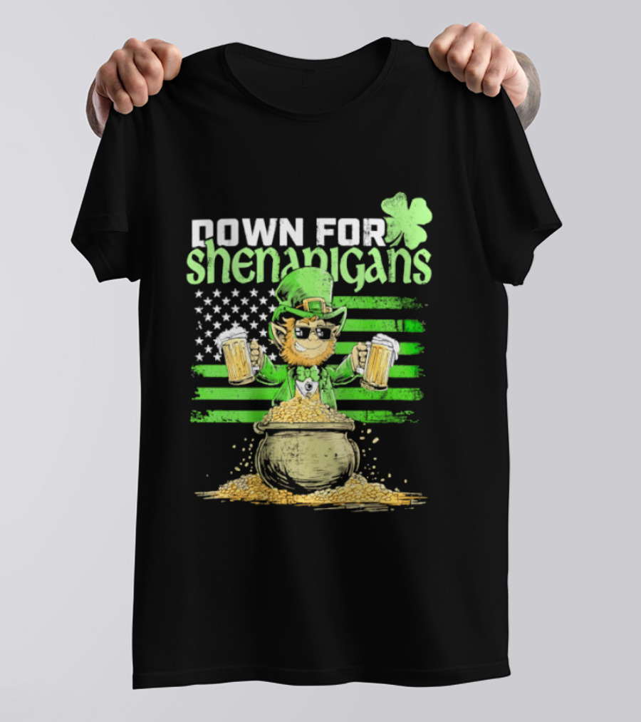 Down For Shenanigans Leprechaun With Beers And Clover American Flag T-Shirt