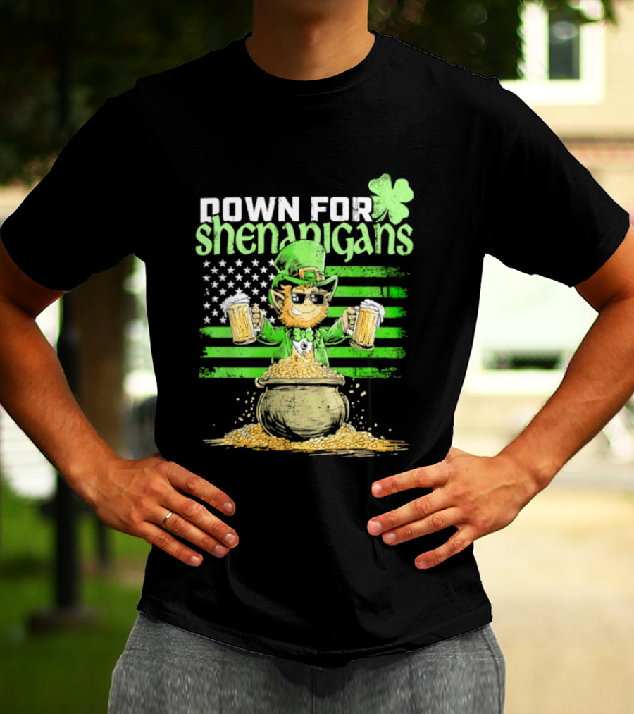 Down For Shenanigans Leprechaun With Beers And Clover American Flag T-Shirt