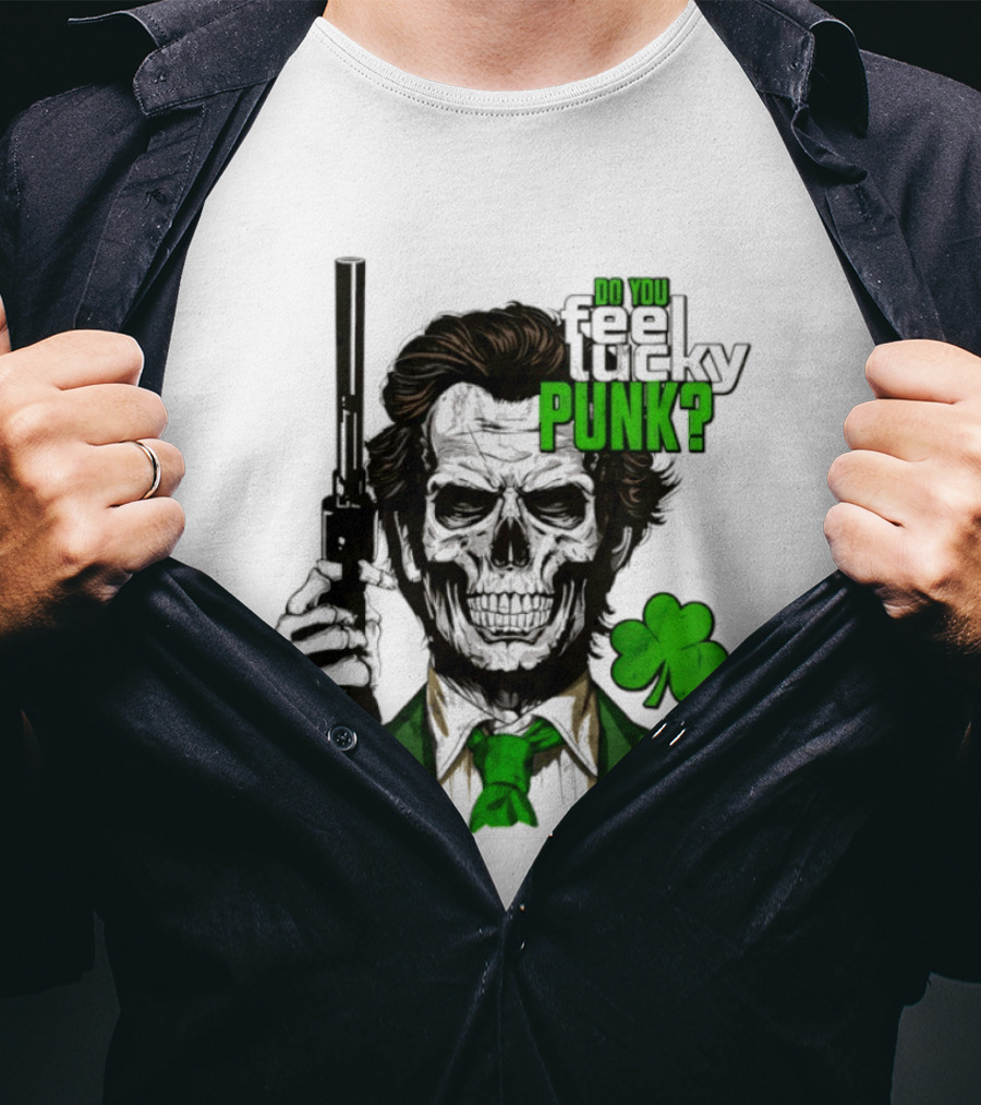 Do You Feel Lucky Punk Skull Gun Shamrock T-Shirt